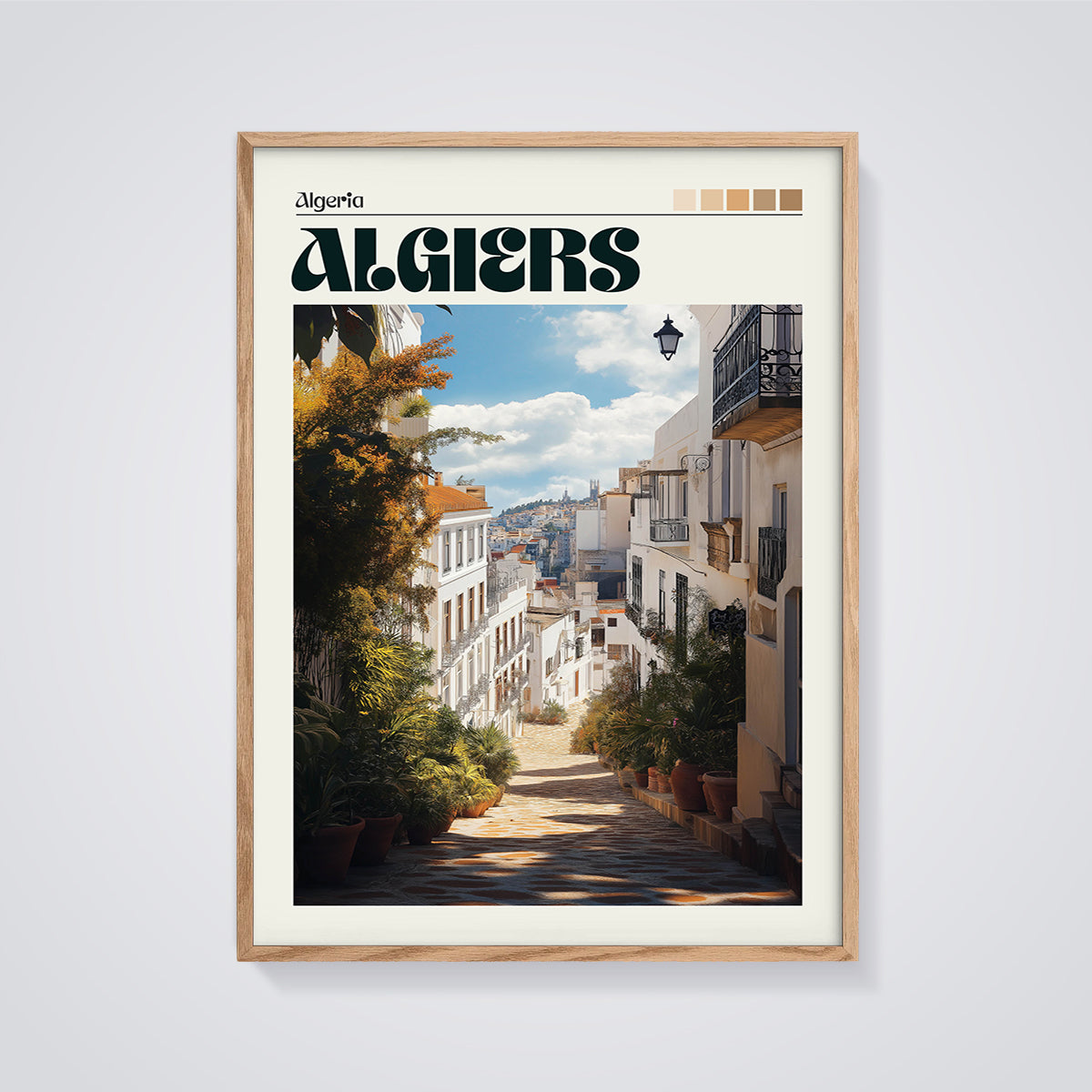 Algiers City Street Print framed in oak on a grey background