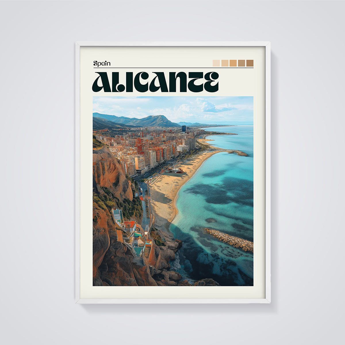 Alicante Coastal City Print framed in white on a grey background