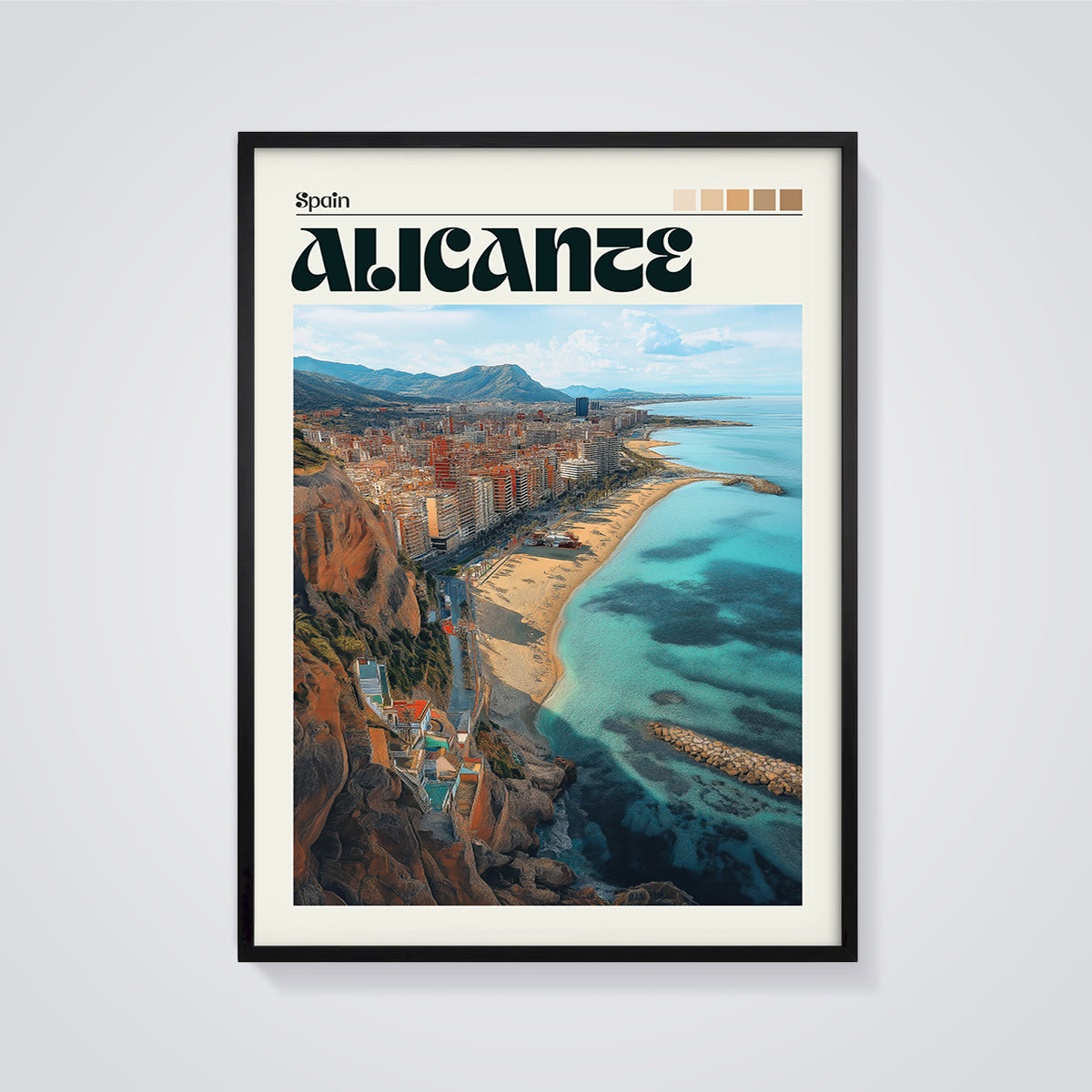 Alicante Coastal City Print framed in black on a grey background