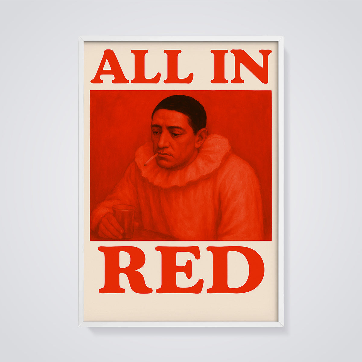 All In Red Print framed in white on a grey background