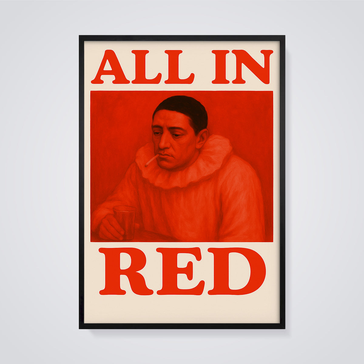 All In Red Print framed in black on a grey background