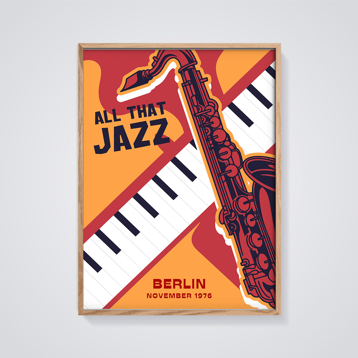 All That Jazz Berlin Saxophone Print framed in oak on a grey background