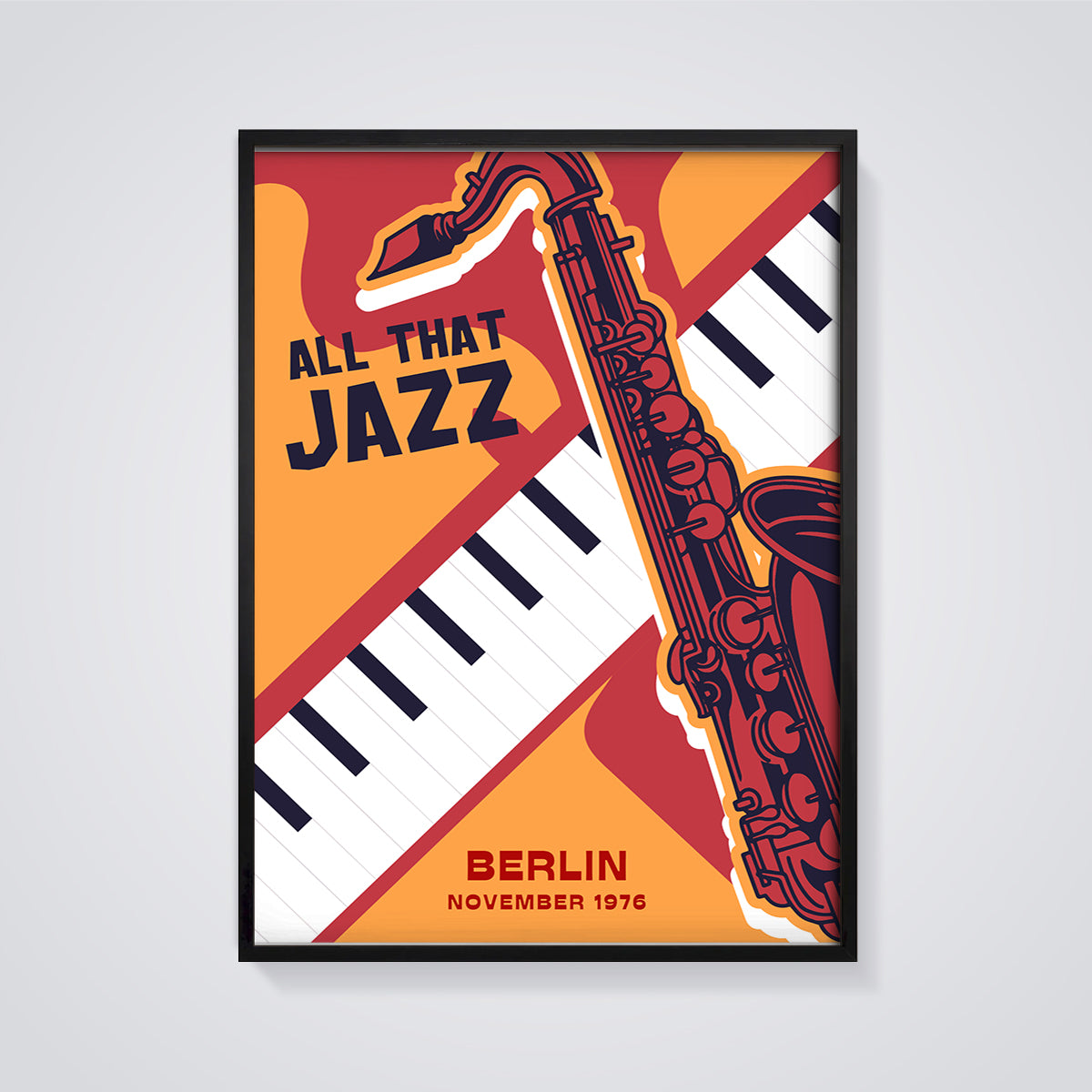 All That Jazz Berlin Saxophone Print framed in black on a grey background