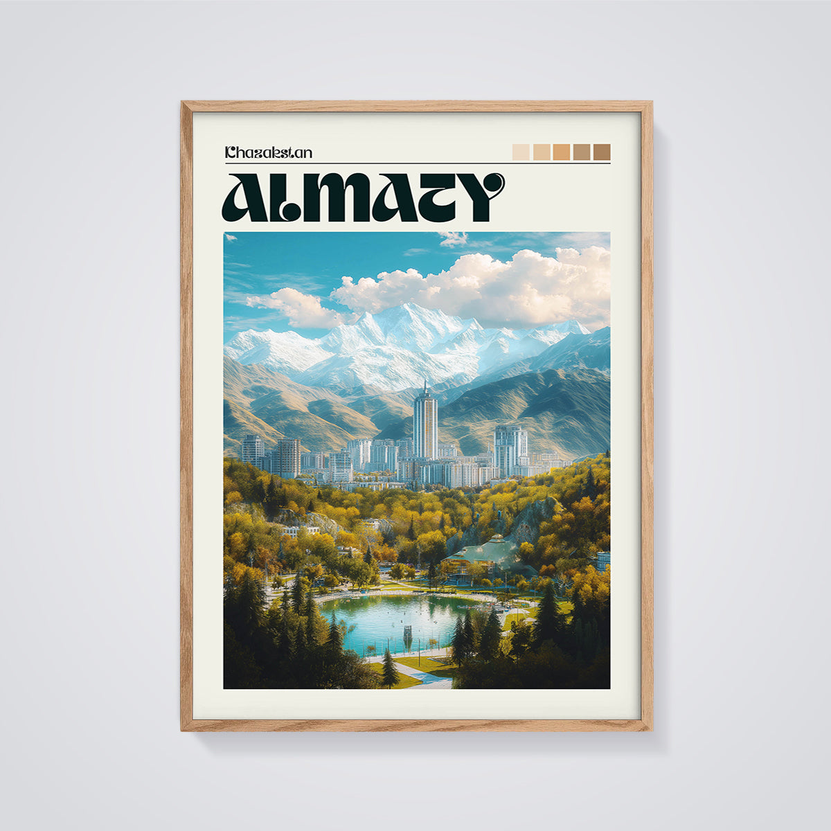 Almaty Chazakestan Cityscape Print framed in oak on a grey background