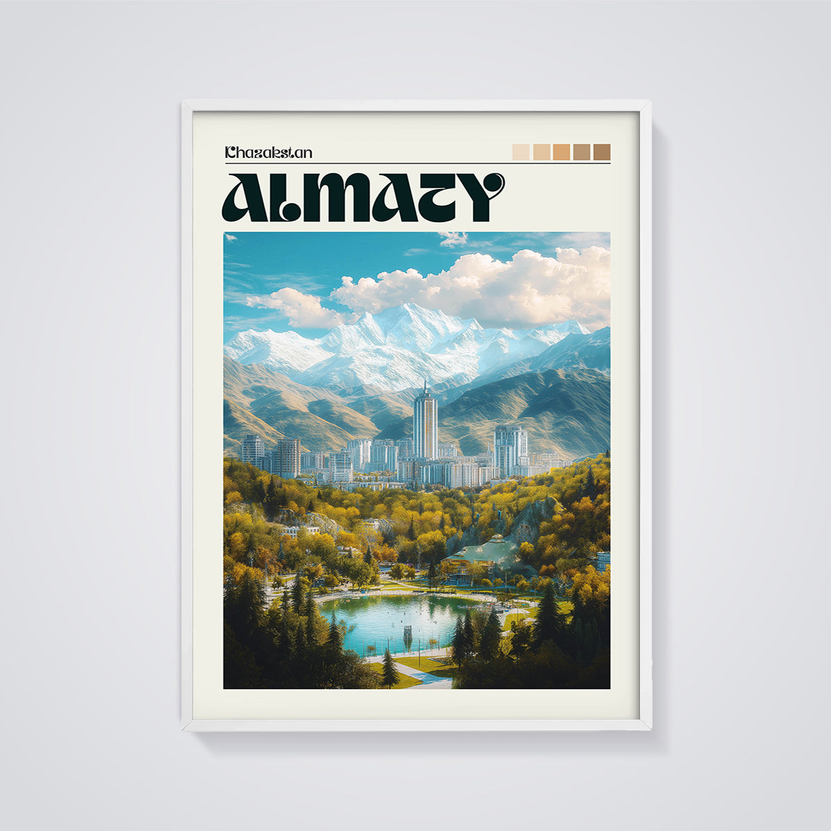 Almaty Chazakestan Cityscape Print framed in white on a grey background