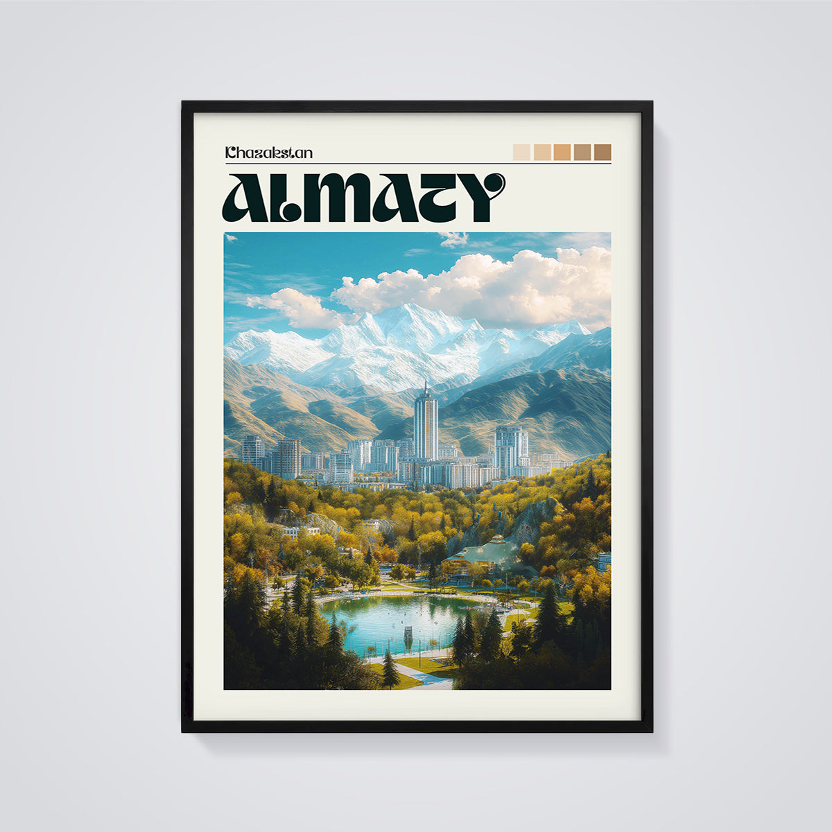 Almaty Chazakestan Cityscape Print framed in black on a grey background