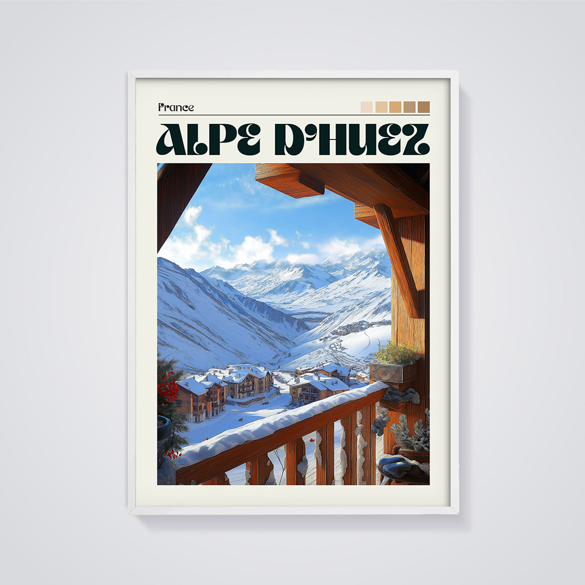Alpe D'Huez Balcony View Print framed in white on a grey background