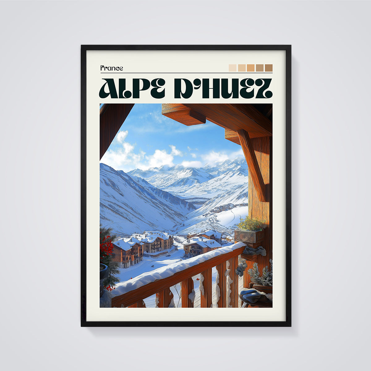 Alpe D'Huez Balcony View Print framed in black on a grey background