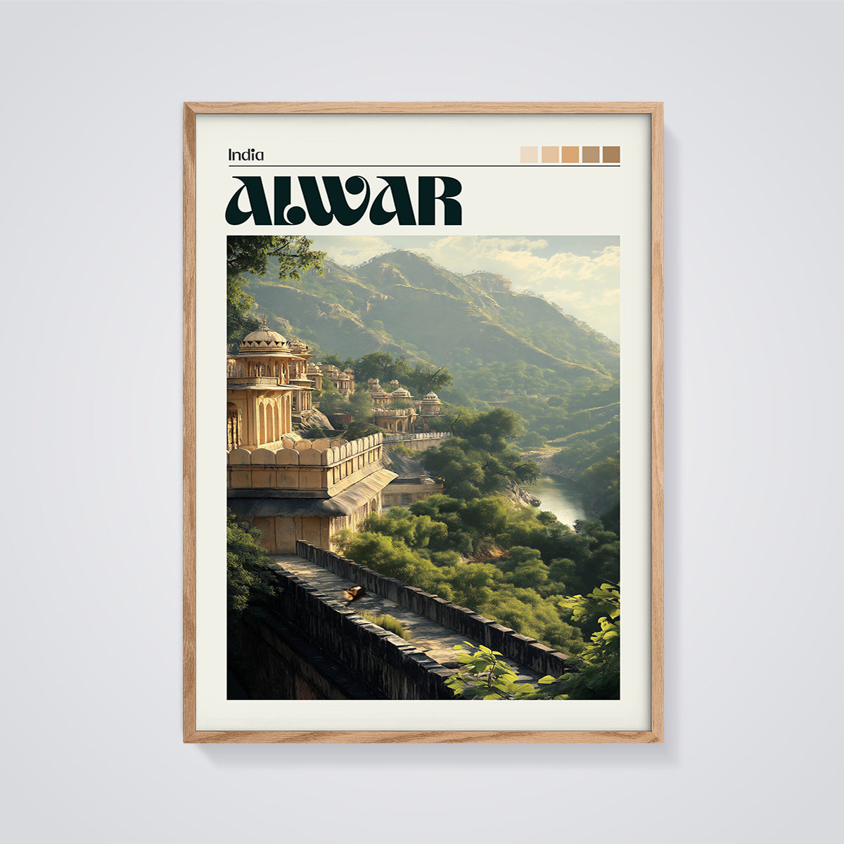Alwar India Mountain Palace Print framed in oak on a grey background