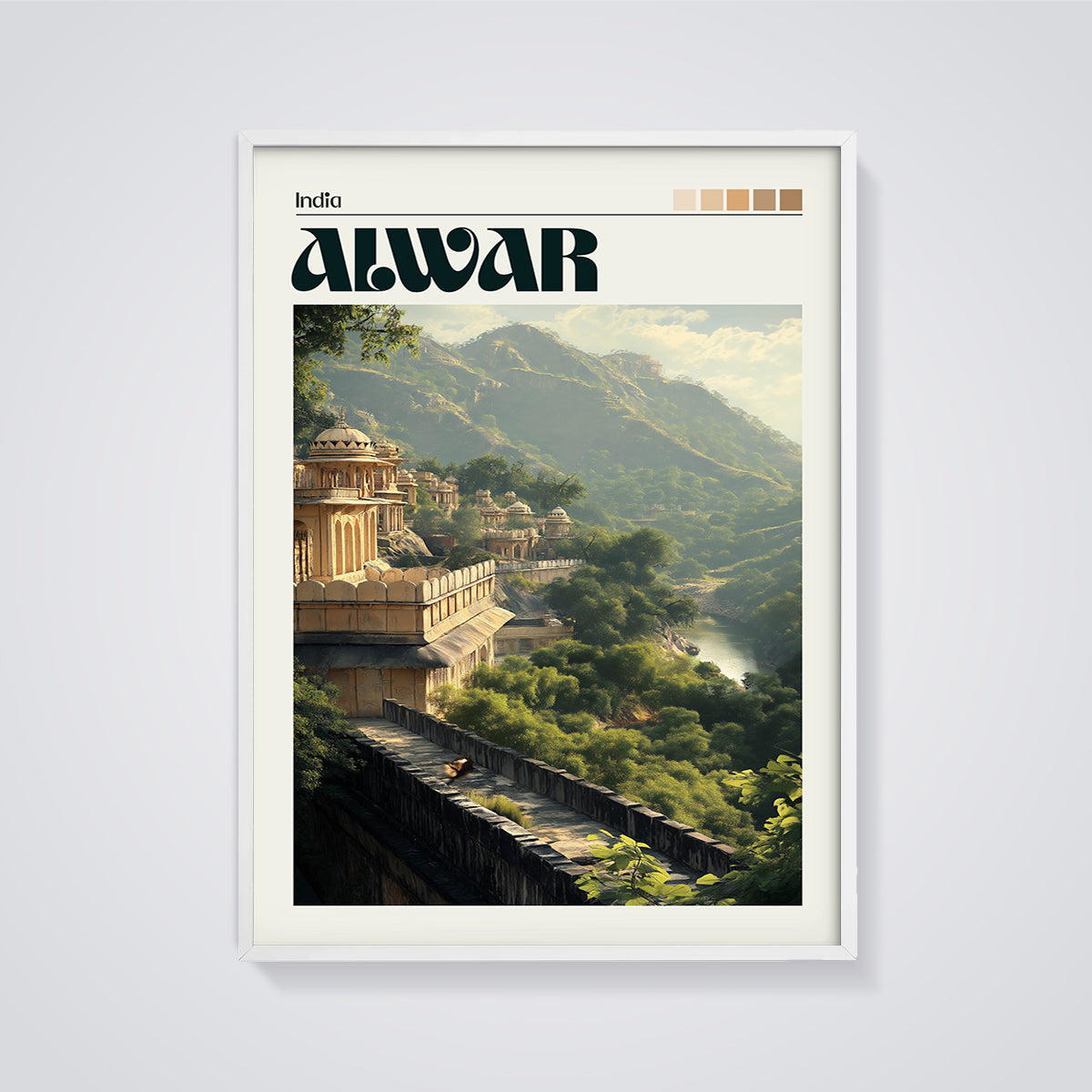 Alwar India Mountain Palace Print framed in white on a grey background