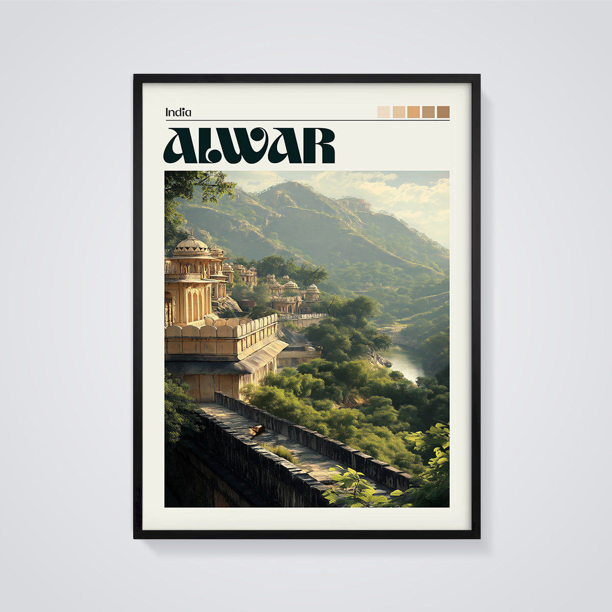 Alwar India Mountain Palace Print framed in black on a grey background
