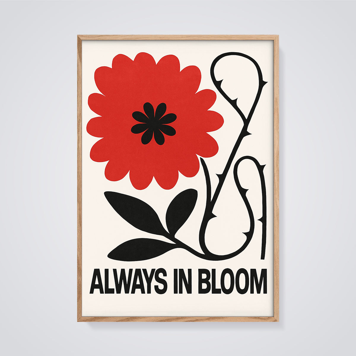 Always In Bloom Red Flower Print framed in oak on a grey background