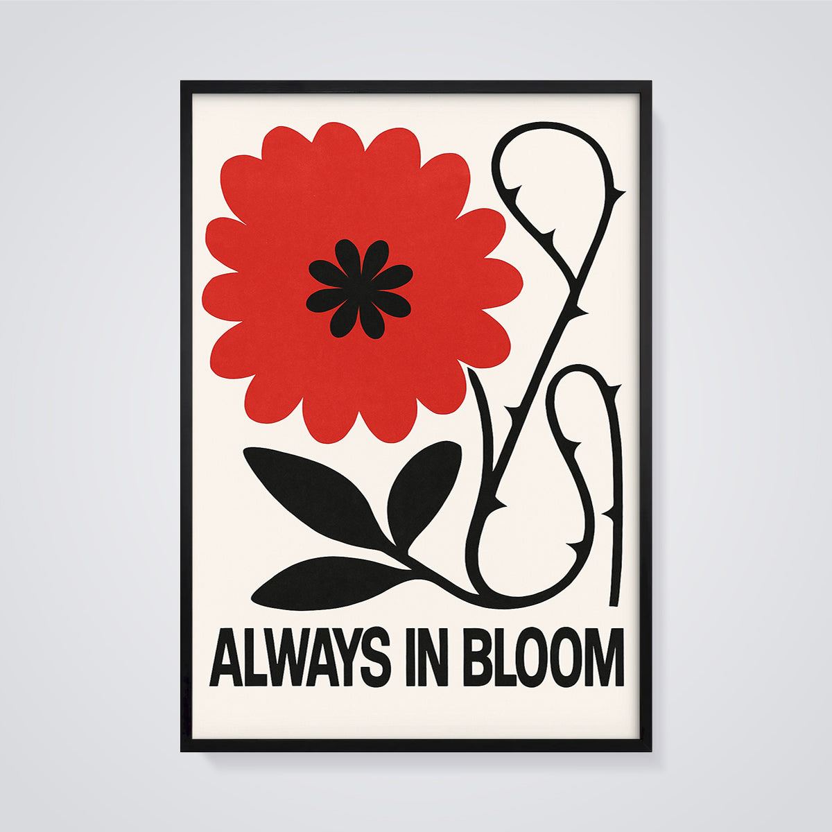 Always In Bloom Red Flower Print framed in black on a grey background