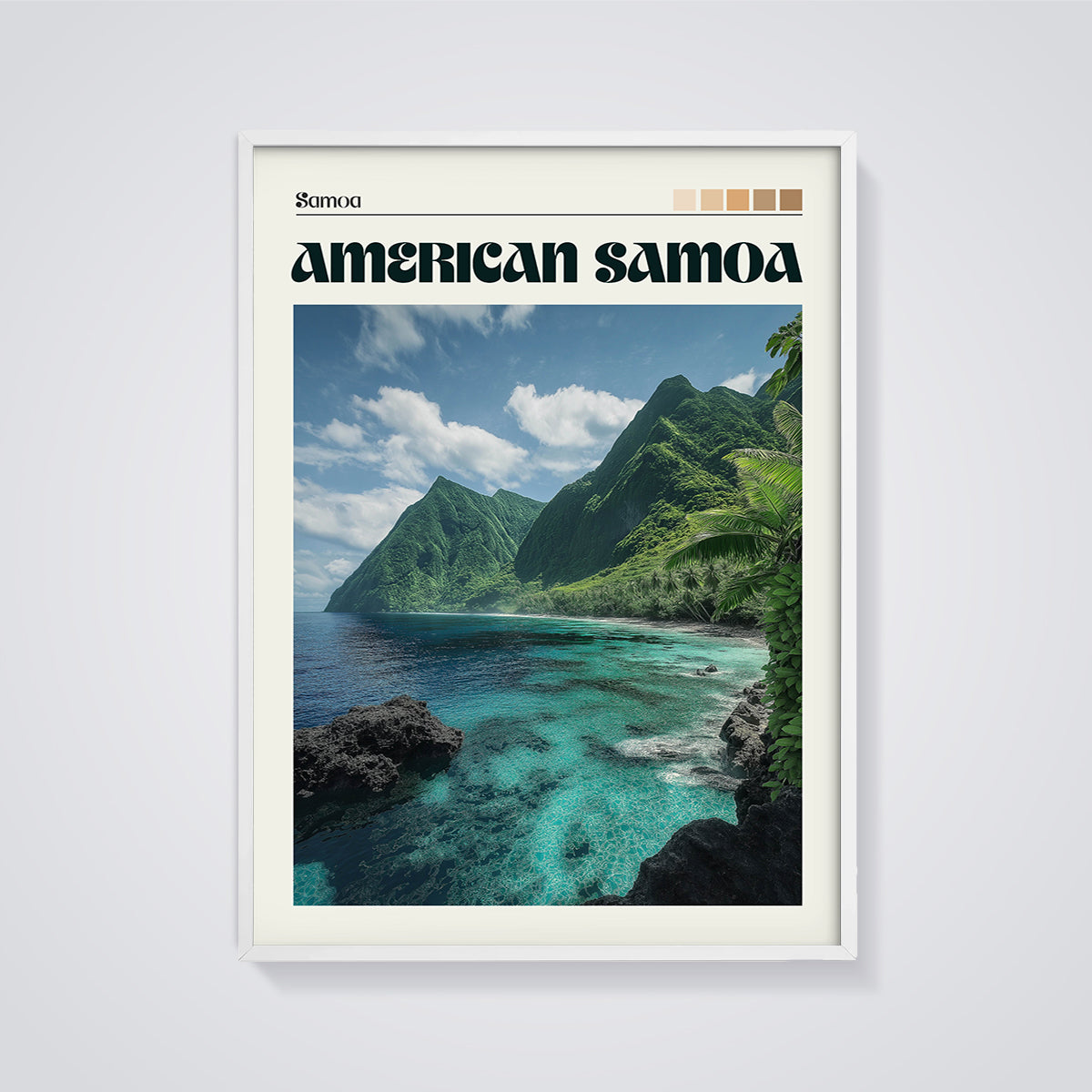 American Samoa Turquoise Bay Print framed in white on a grey background