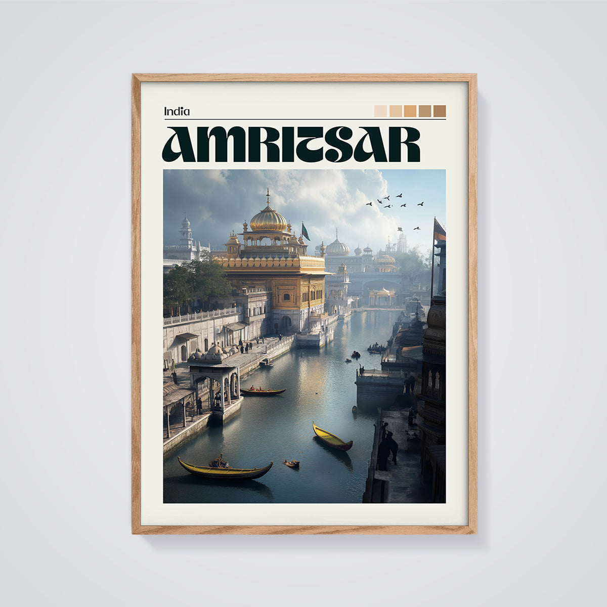 Amritsar Golden Temple Print framed in oak on a grey background
