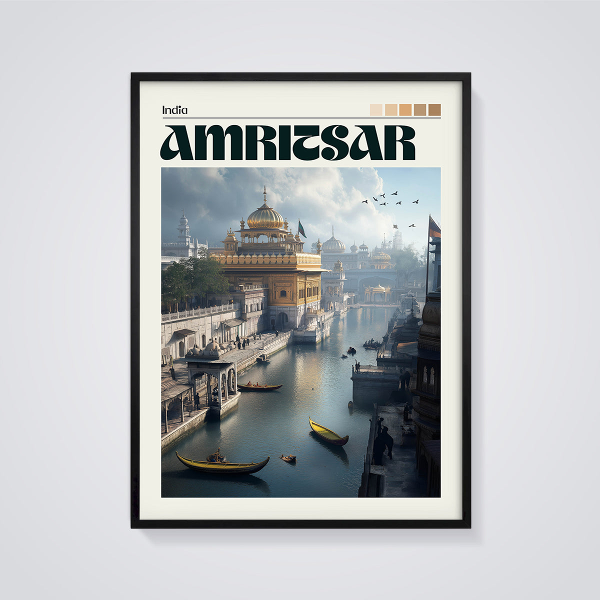 Amritsar Golden Temple Print framed in black on a grey background