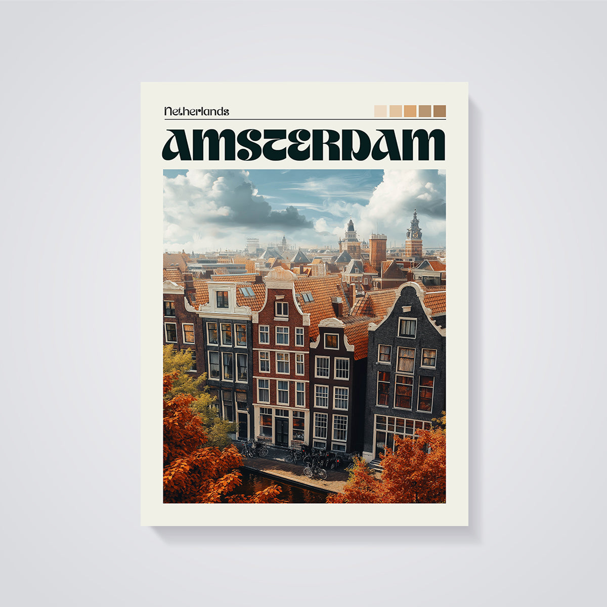 Amsterdam Autumn Rooftops Print unframed on a grey background