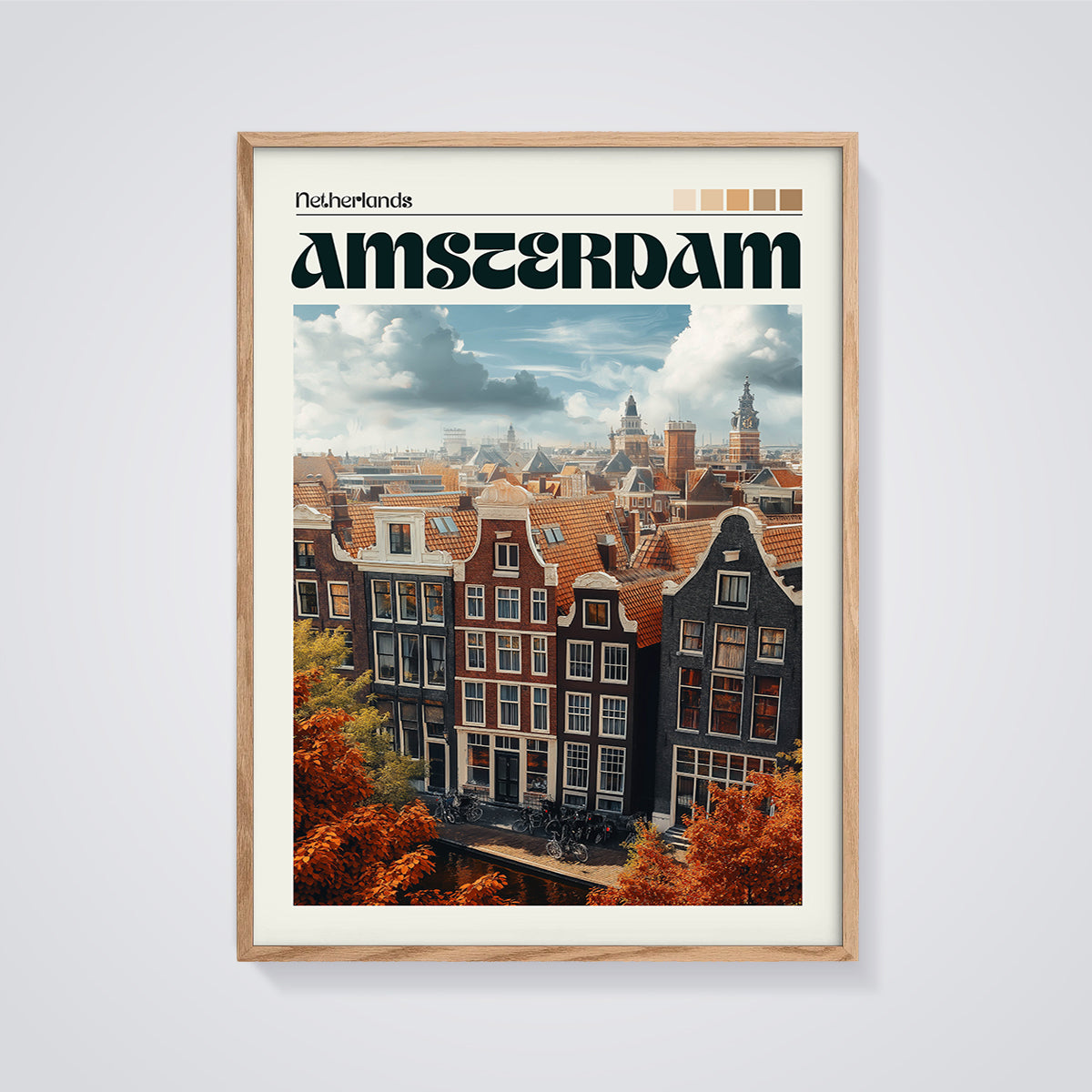 Amsterdam Autumn Rooftops Print framed in oak on a grey background