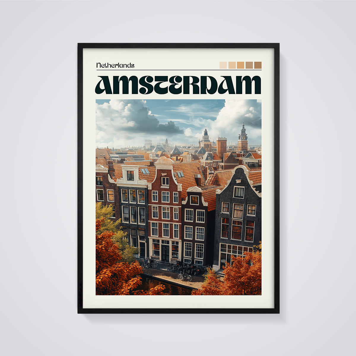Amsterdam Autumn Rooftops Print framed in black on a grey background