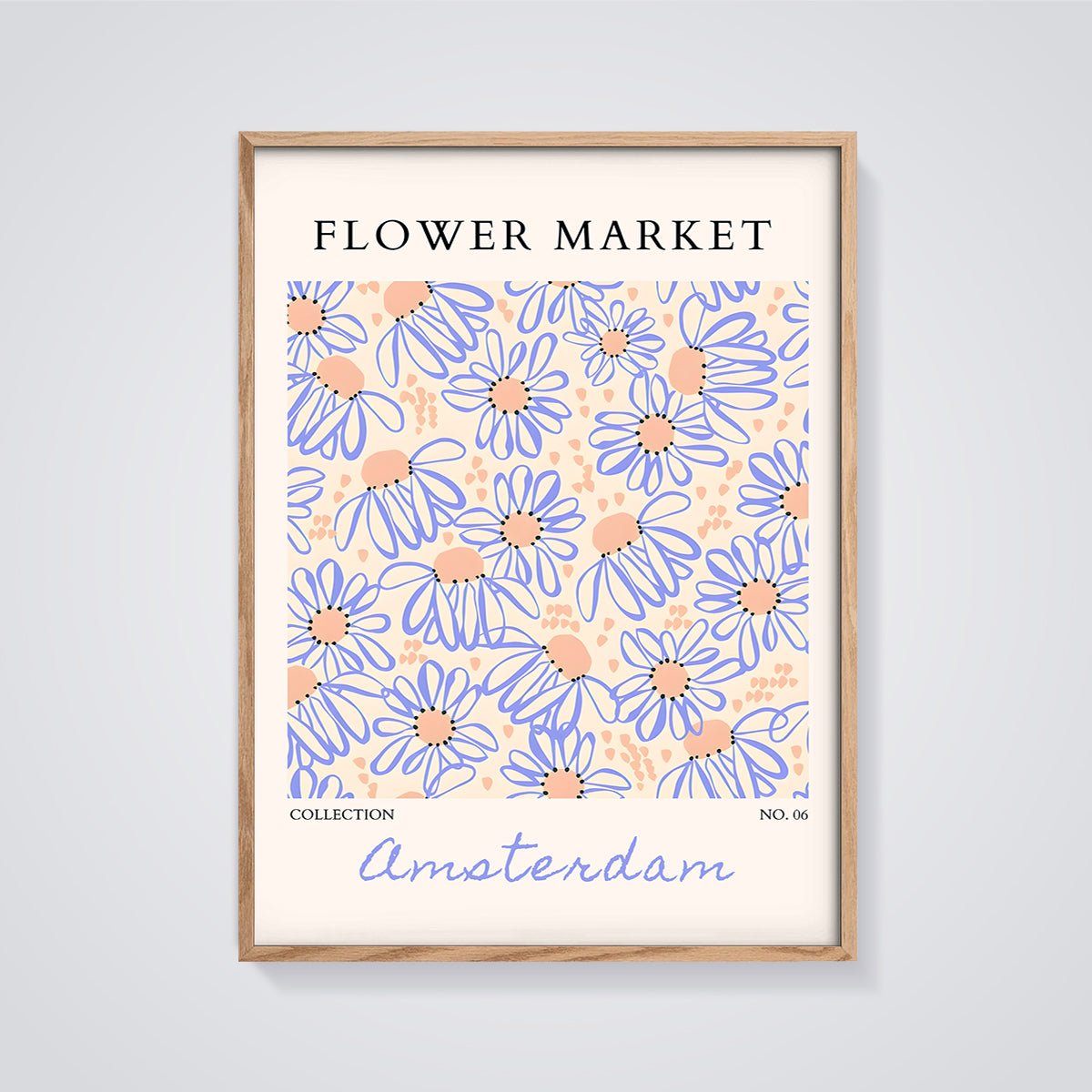 Amsterdam Flower Market Print framed in oak on a grey background