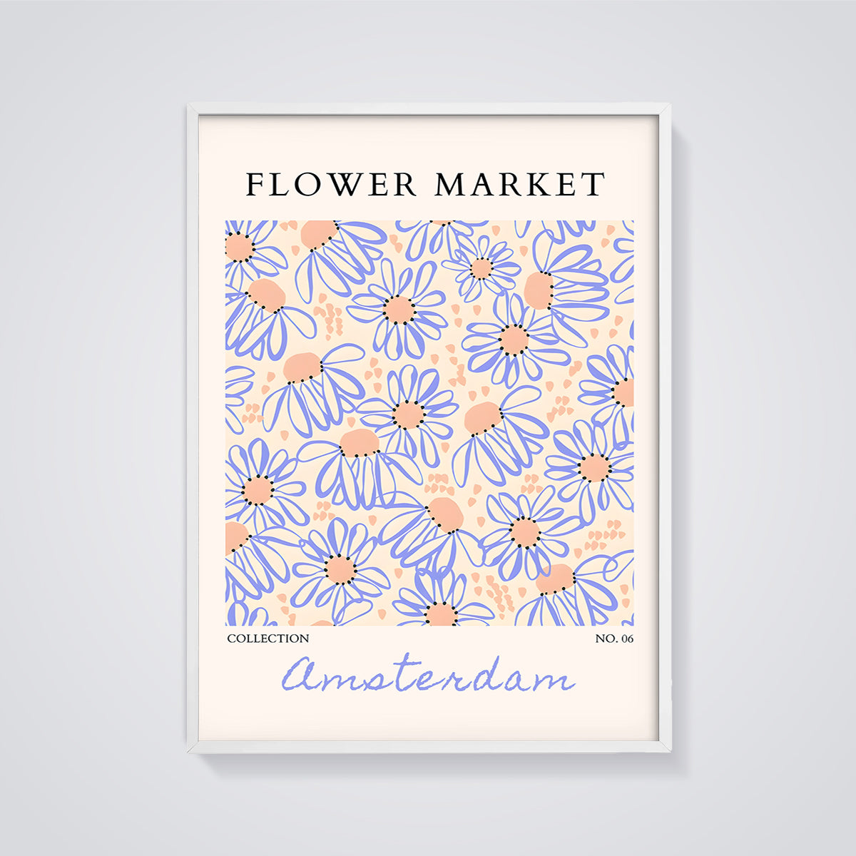 Amsterdam Flower Market Print framed in white on a grey background