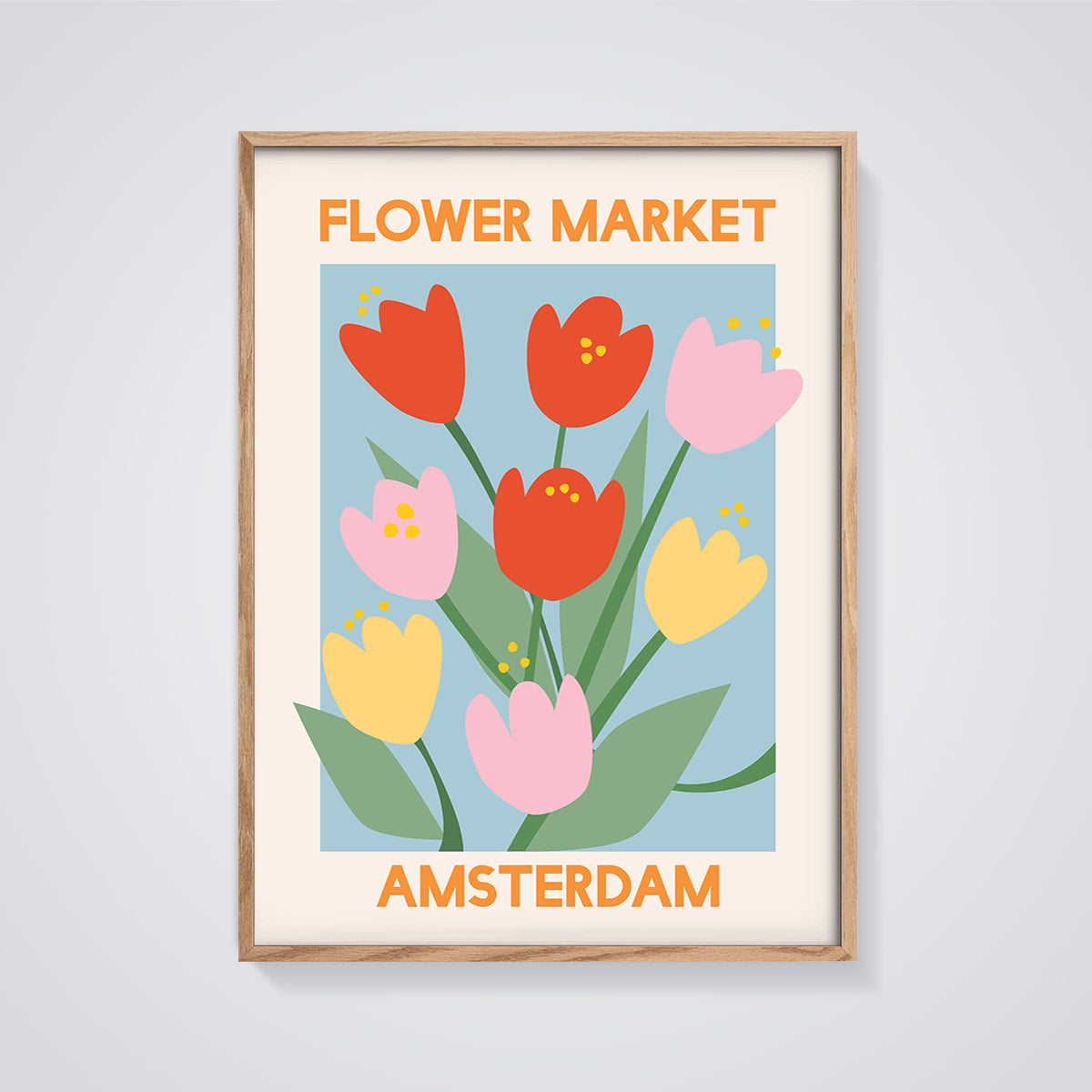 Amsterdam Flower Market Print Aesthetic framed in oak on a grey background