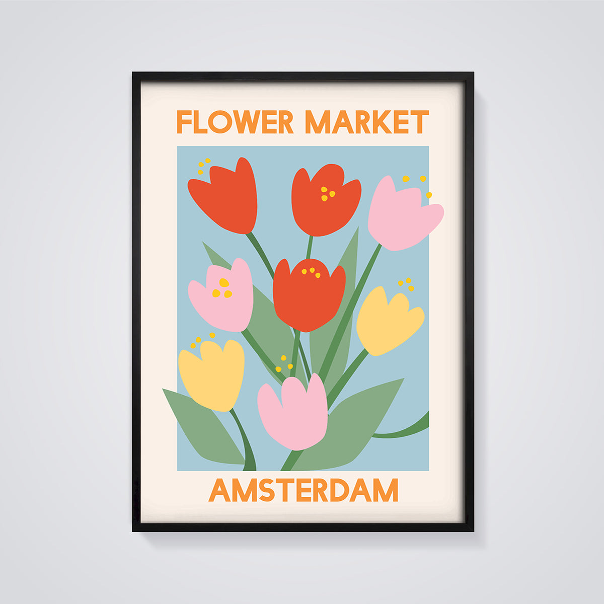 Amsterdam Flower Market Print Aesthetic framed in black on a grey background