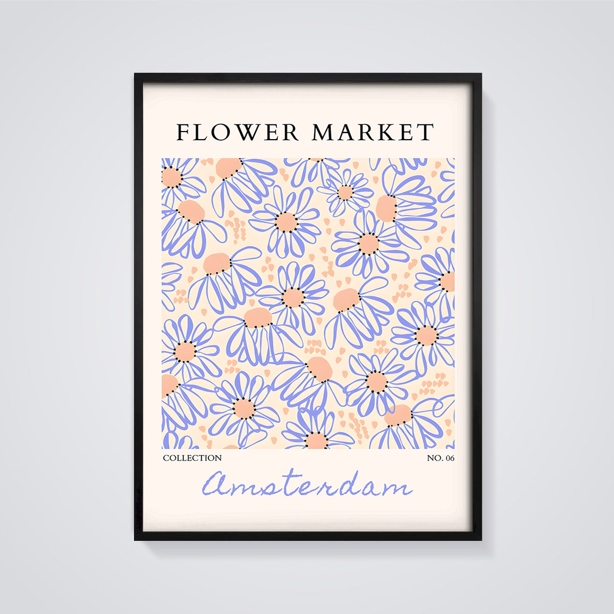 Amsterdam Flower Market Print framed in black on a grey background