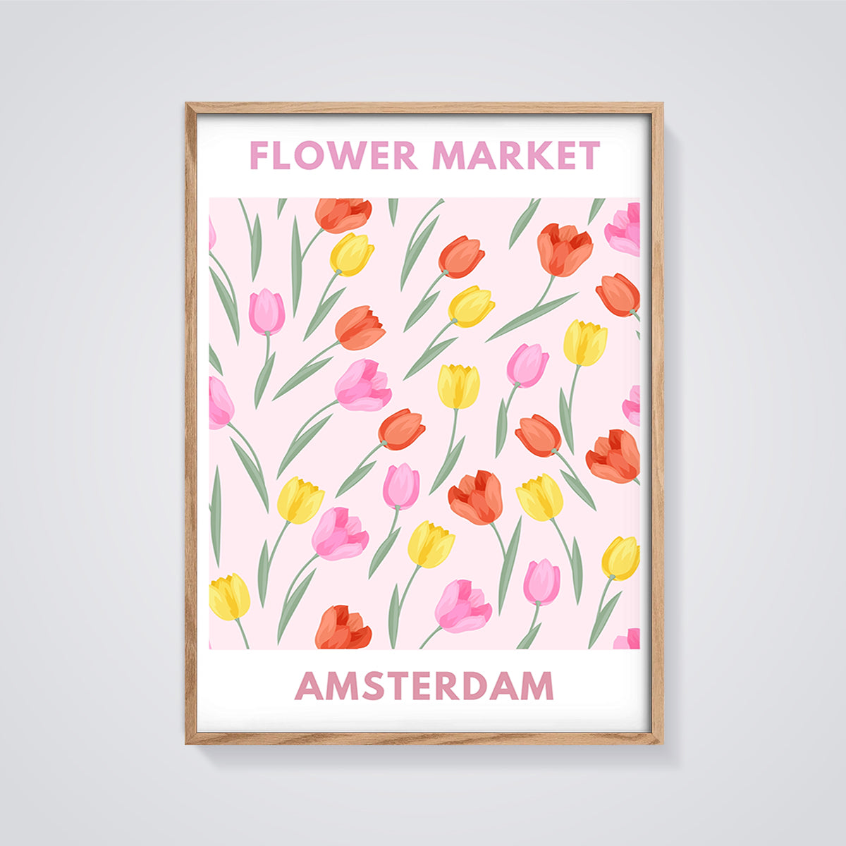 Amsterdam Flower Market Tulips Print framed in oak on a grey background