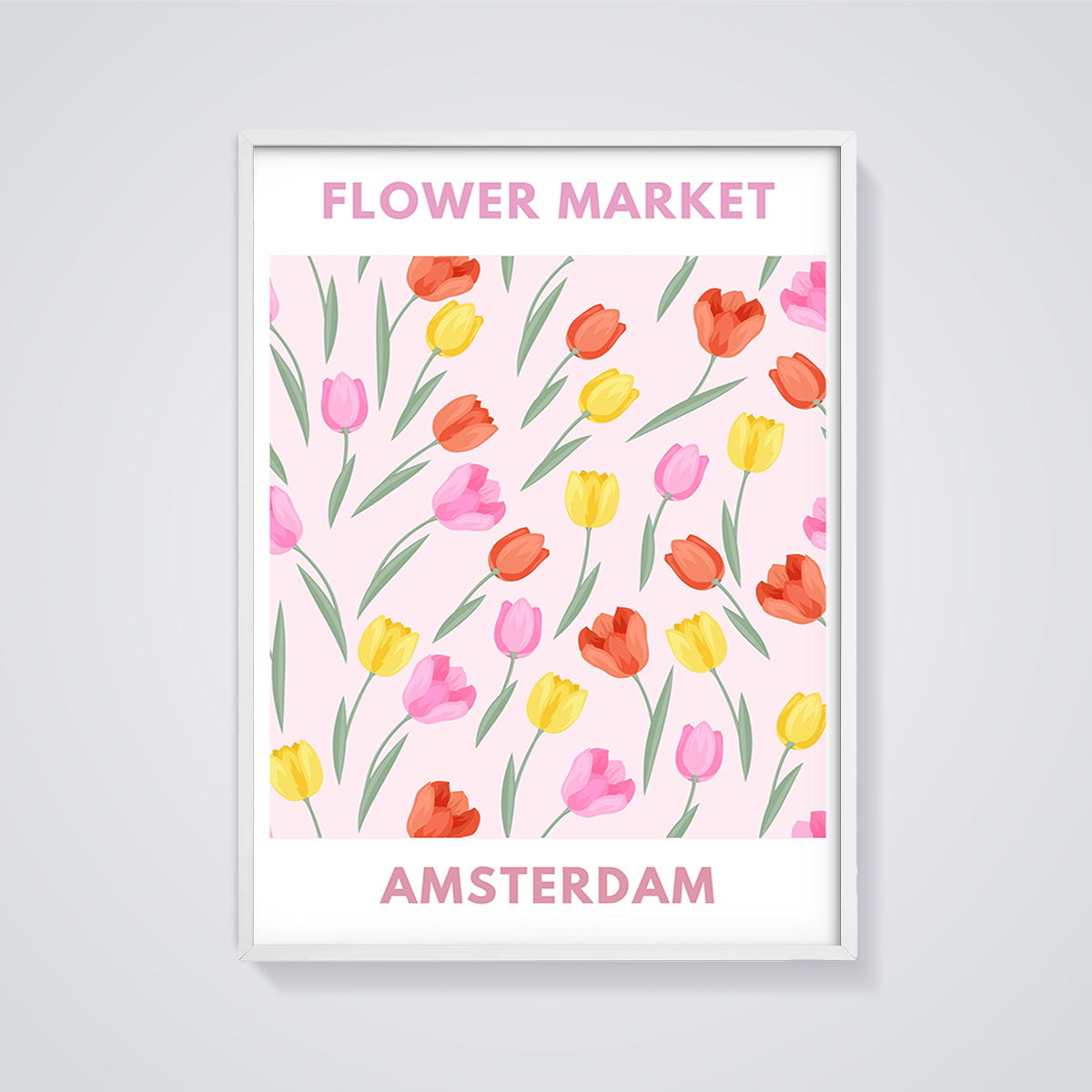 Amsterdam Flower Market Tulips Print framed in white on a grey background