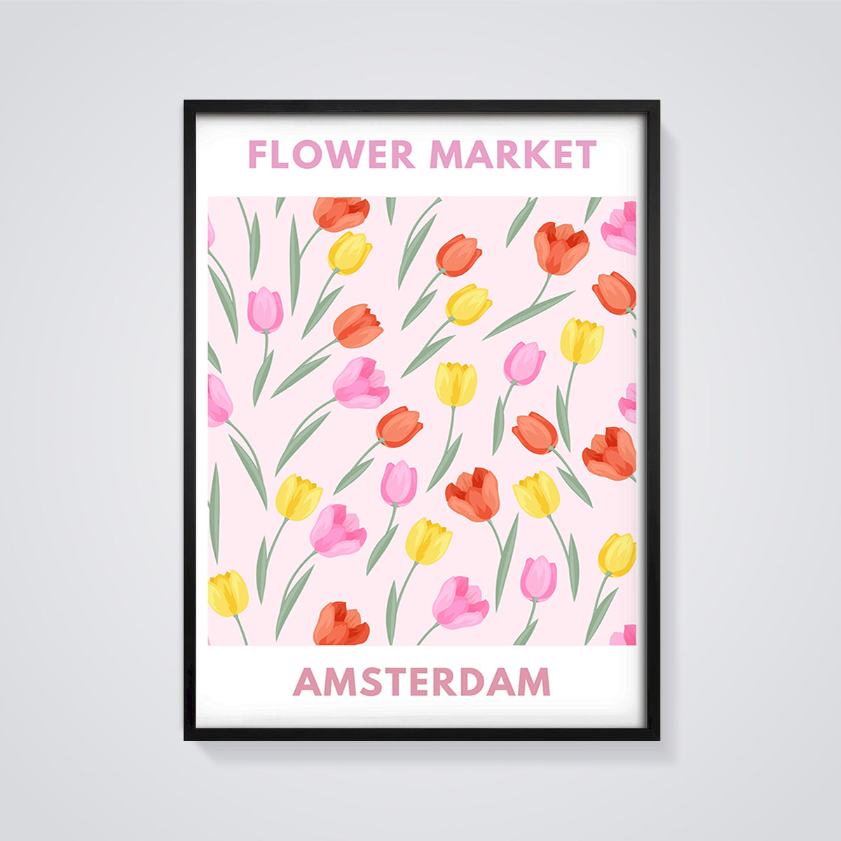 Amsterdam Flower Market Tulips Print framed in black on a grey background