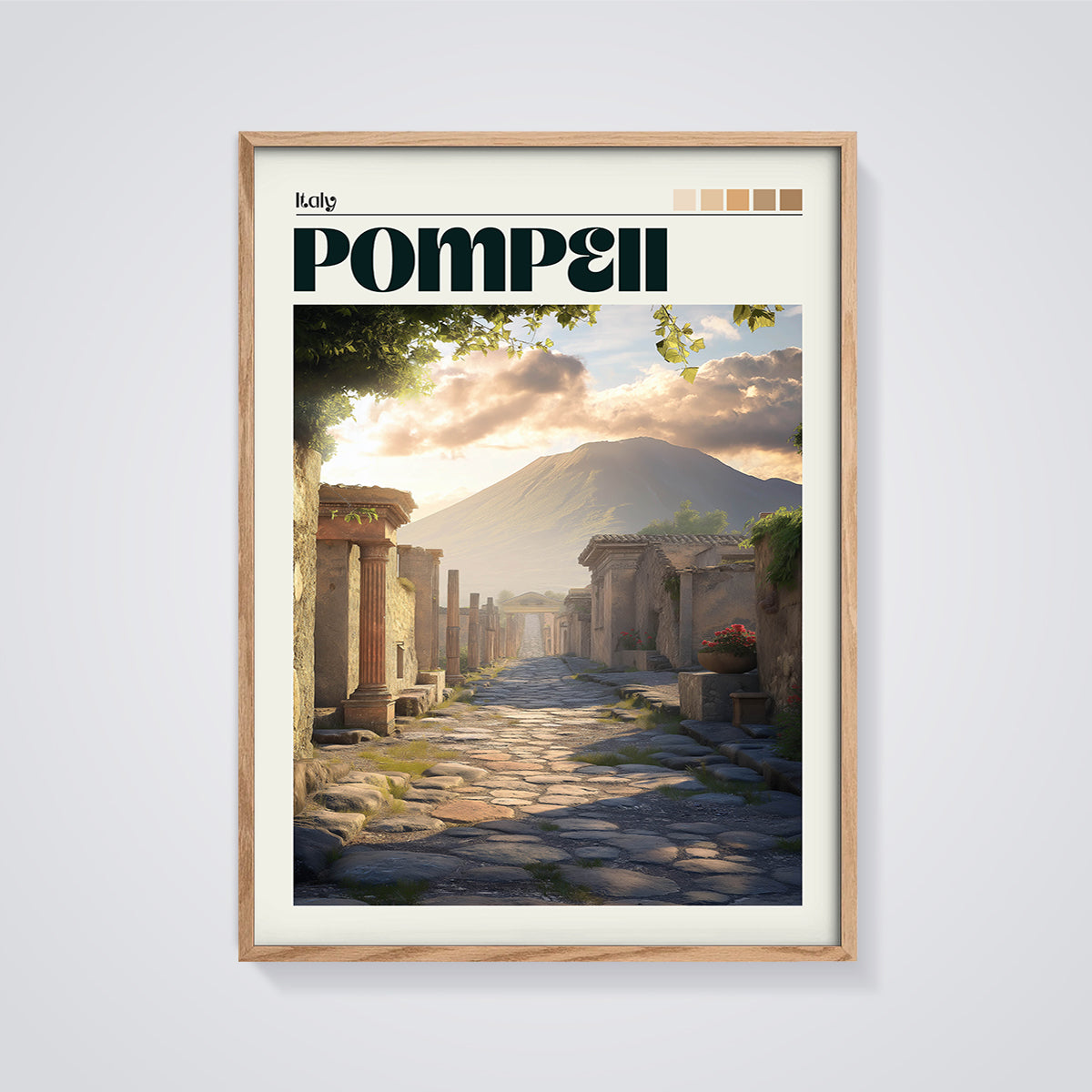 Ancient Pompeii Street Print framed in oak on a grey background