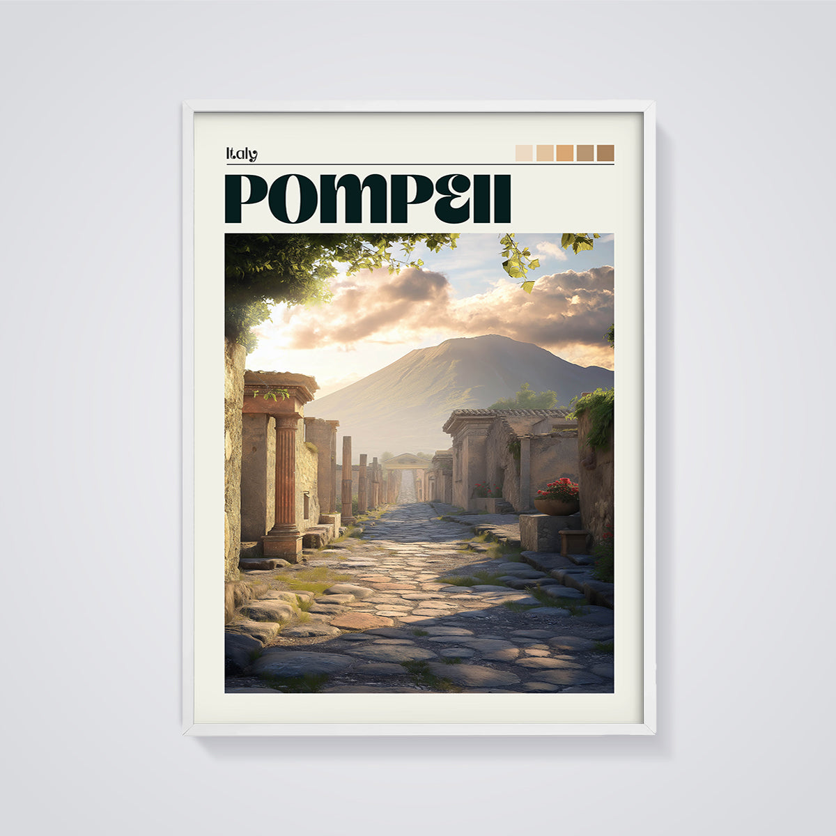 Ancient Pompeii Street Print framed in white on a grey background