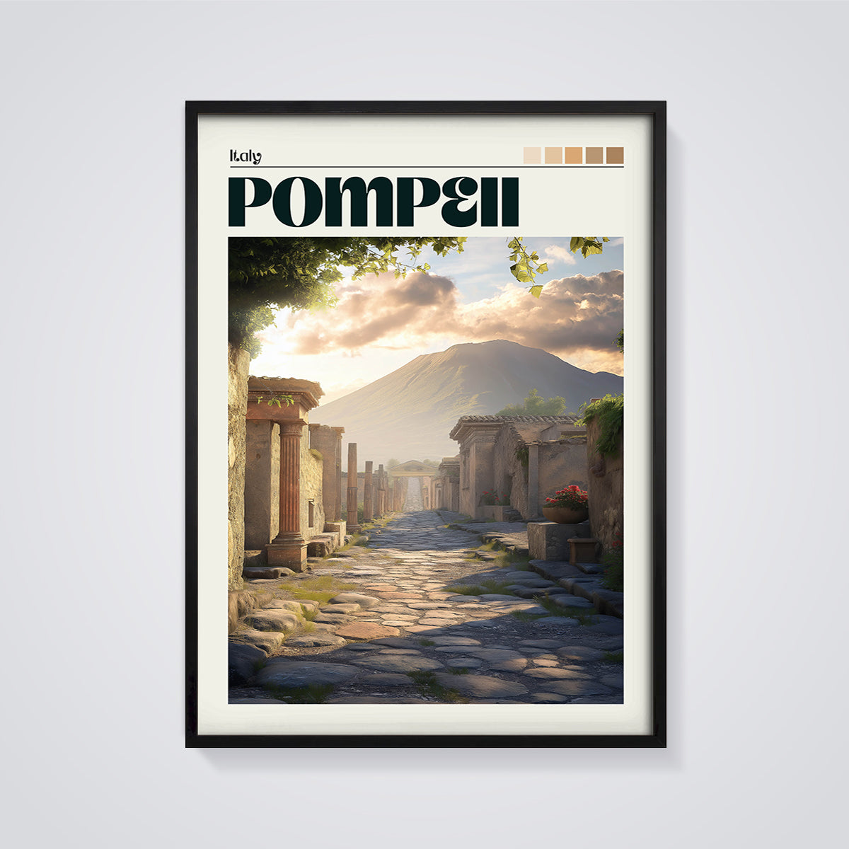 Ancient Pompeii Street Print framed in black on a grey background