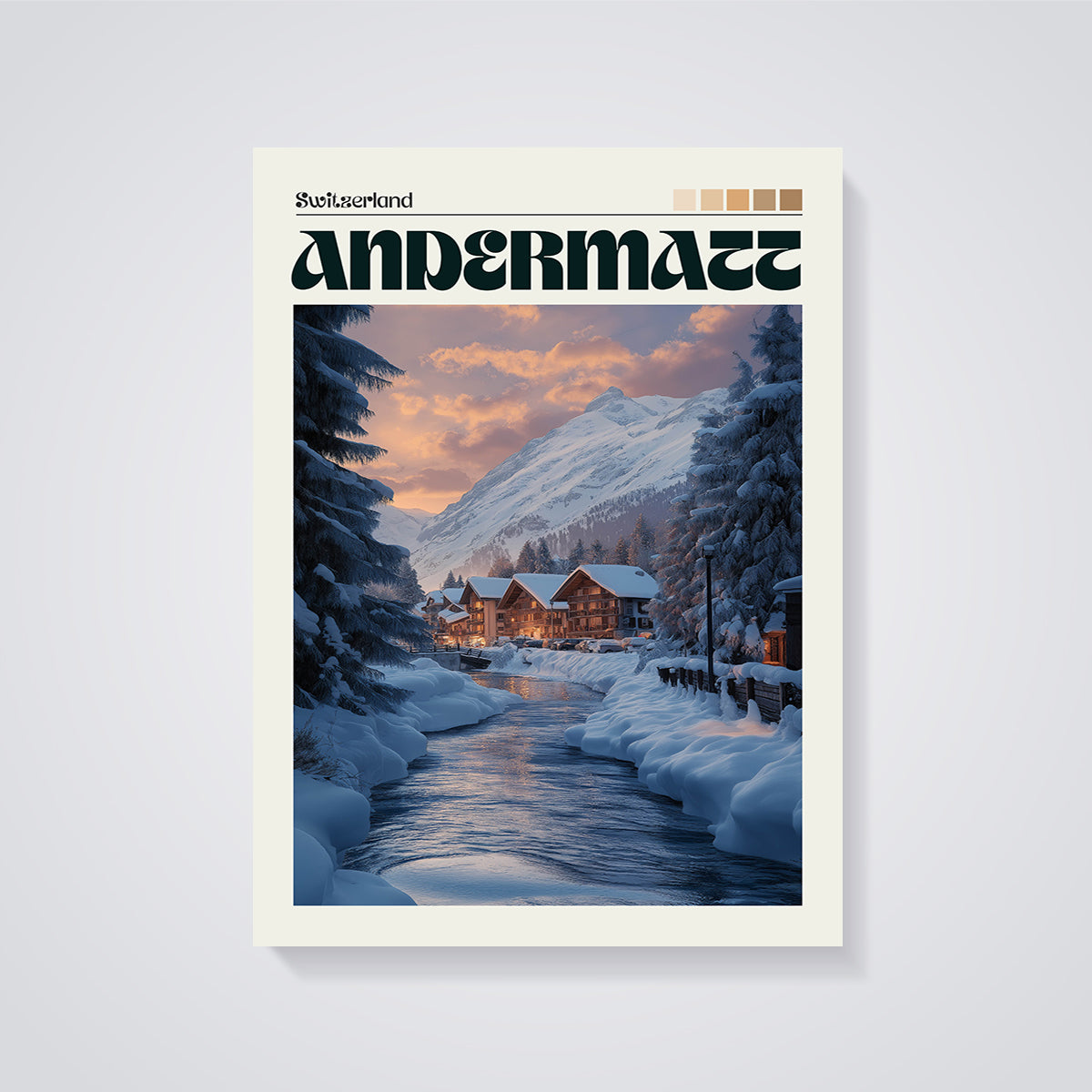 Andermatt Winter Alpine Print unframed on a grey background
