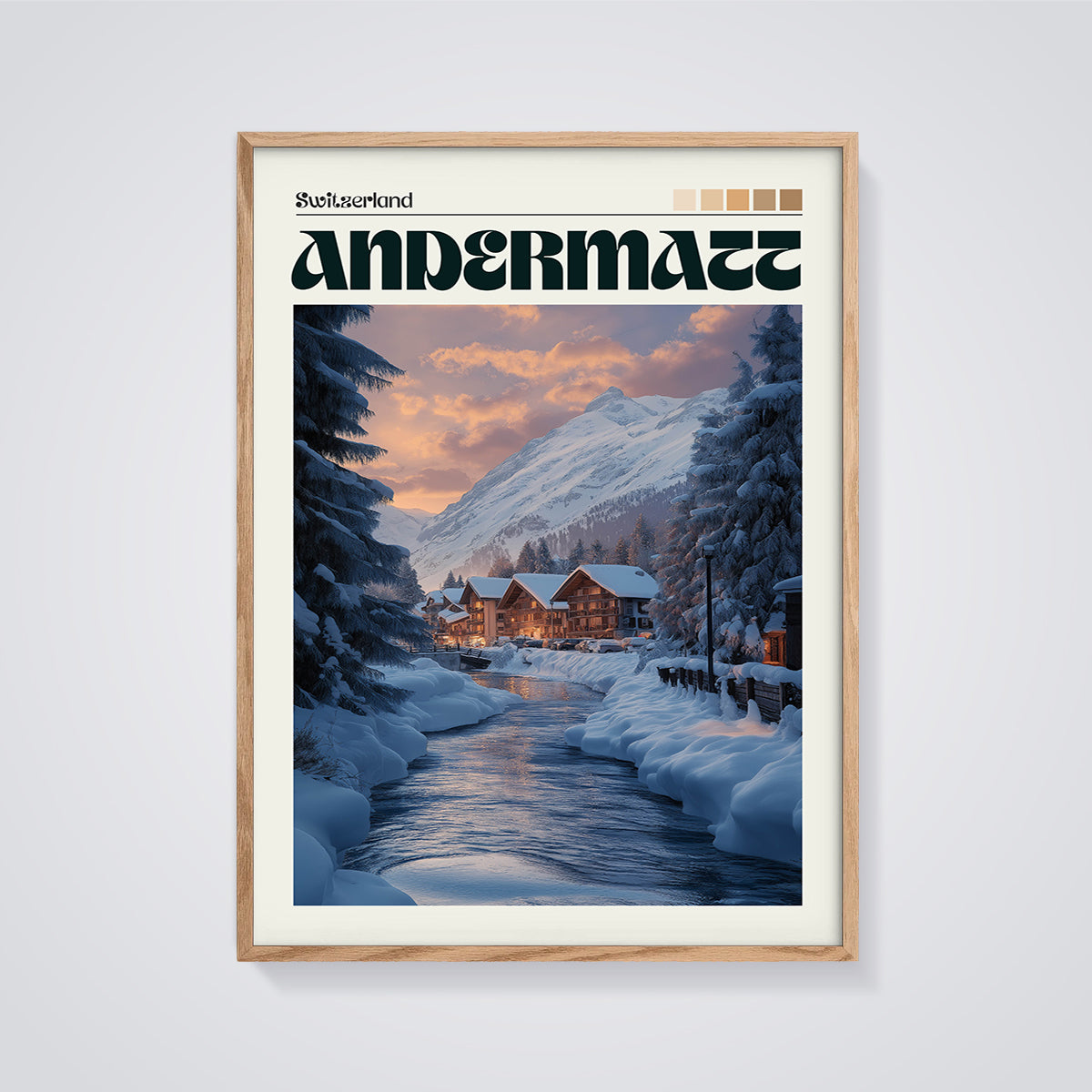 Andermatt Winter Alpine Print framed in oak on a grey background