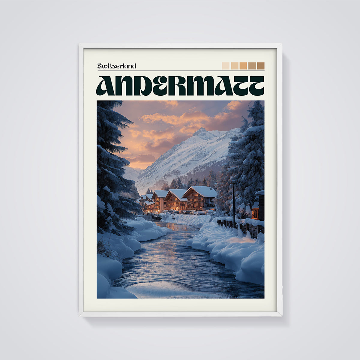 Andermatt Winter Alpine Print framed in white on a grey background