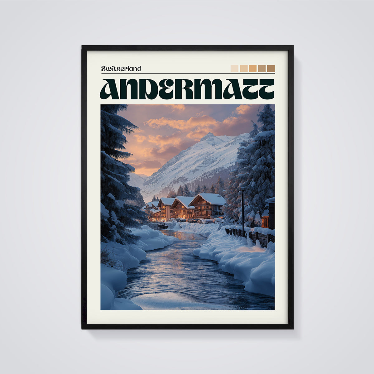 Andermatt Winter Alpine Print framed in black on a grey background