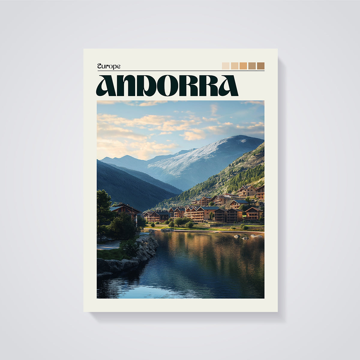 Andorra Mountain Lake Village Print unframed on a grey background