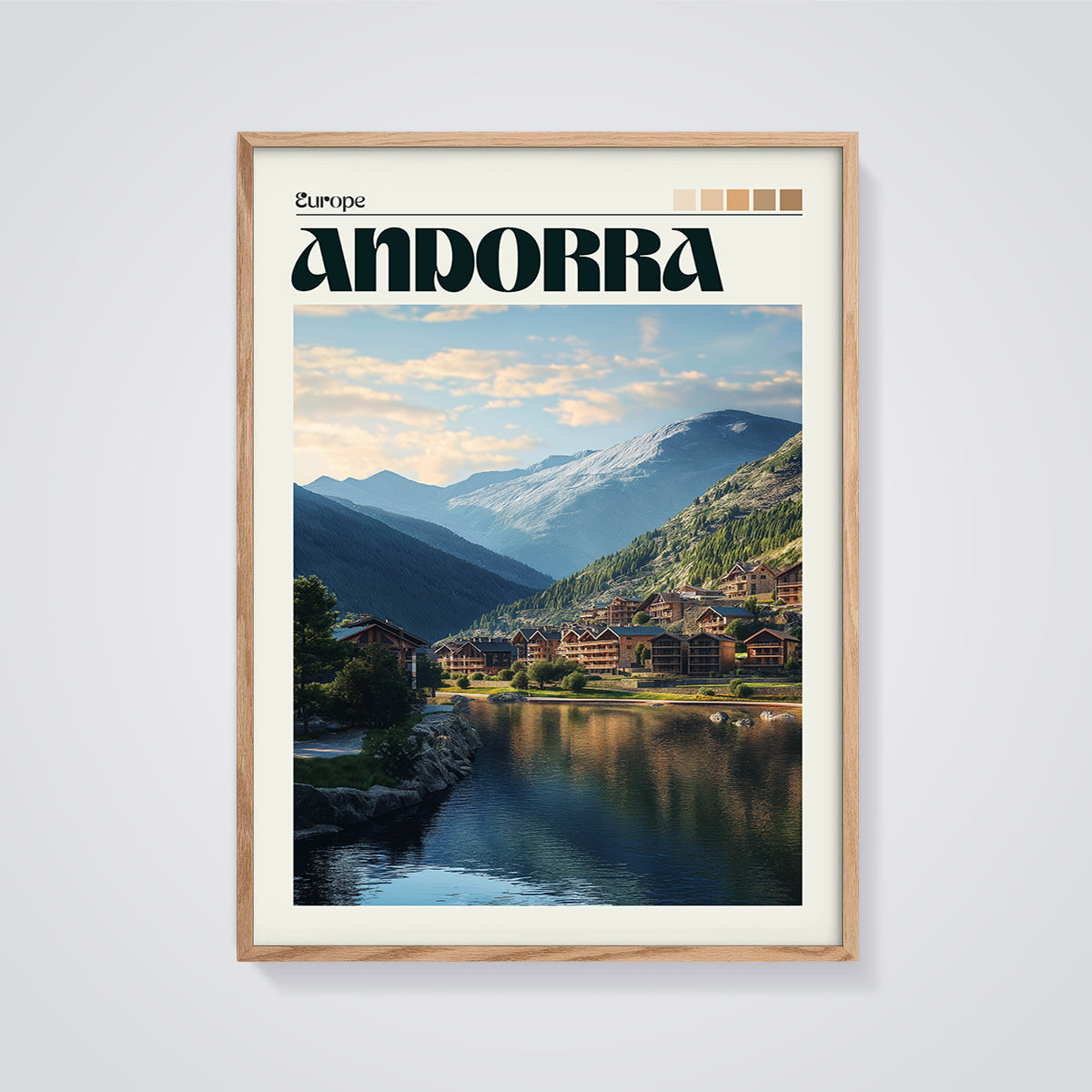 Andorra Mountain Lake Village Print framed in oak on a grey background