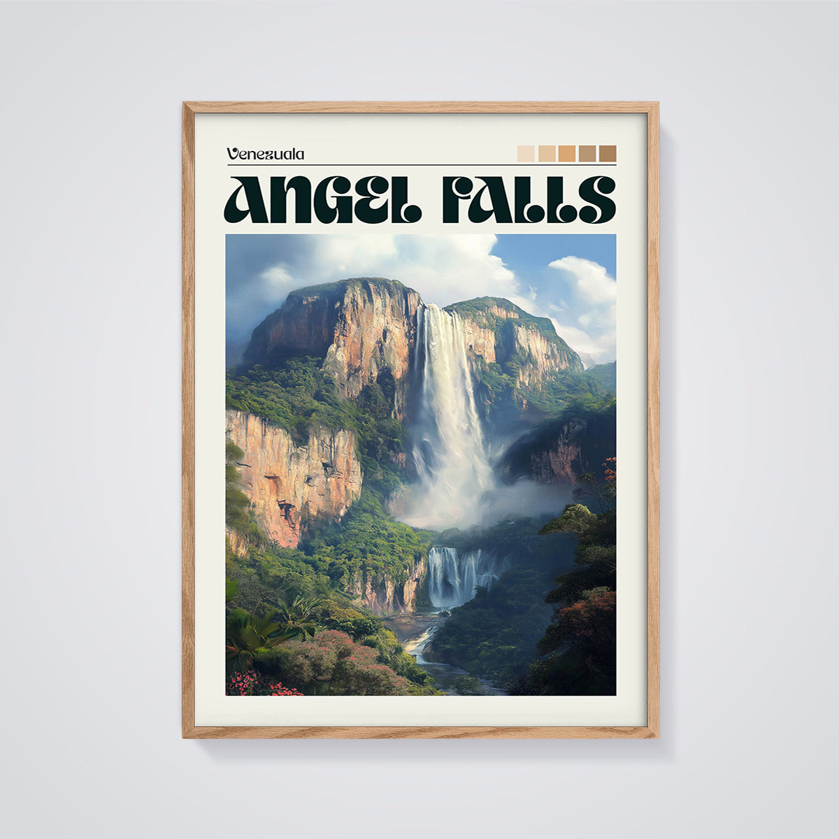Angel Falls Venezuela Print framed in oak on a grey background
