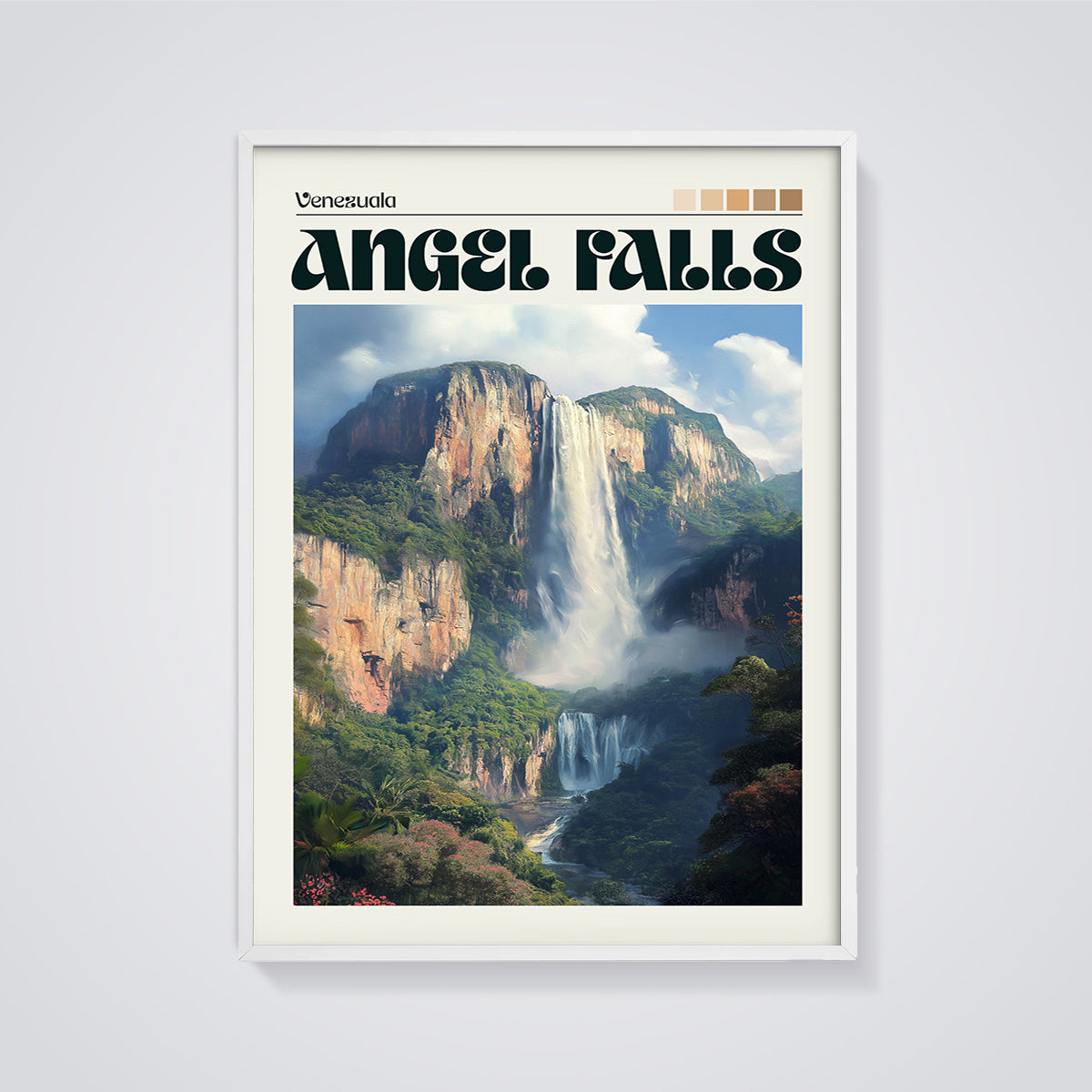 Angel Falls Venezuela Print framed in white on a grey background
