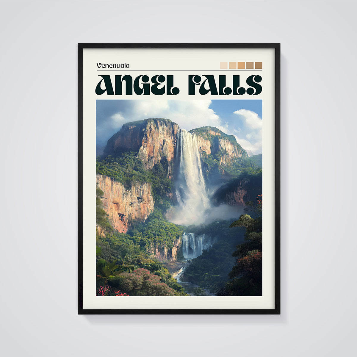 Angel Falls Venezuela Print framed in black on a grey background