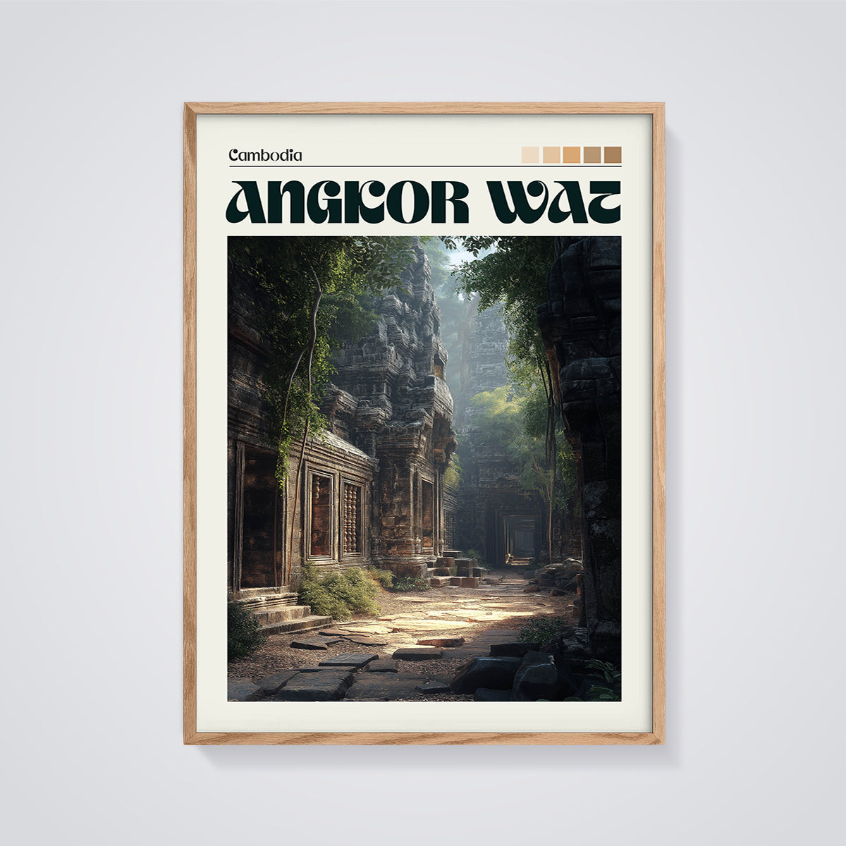 Angkor Wat Temple Print framed in oak on a grey background