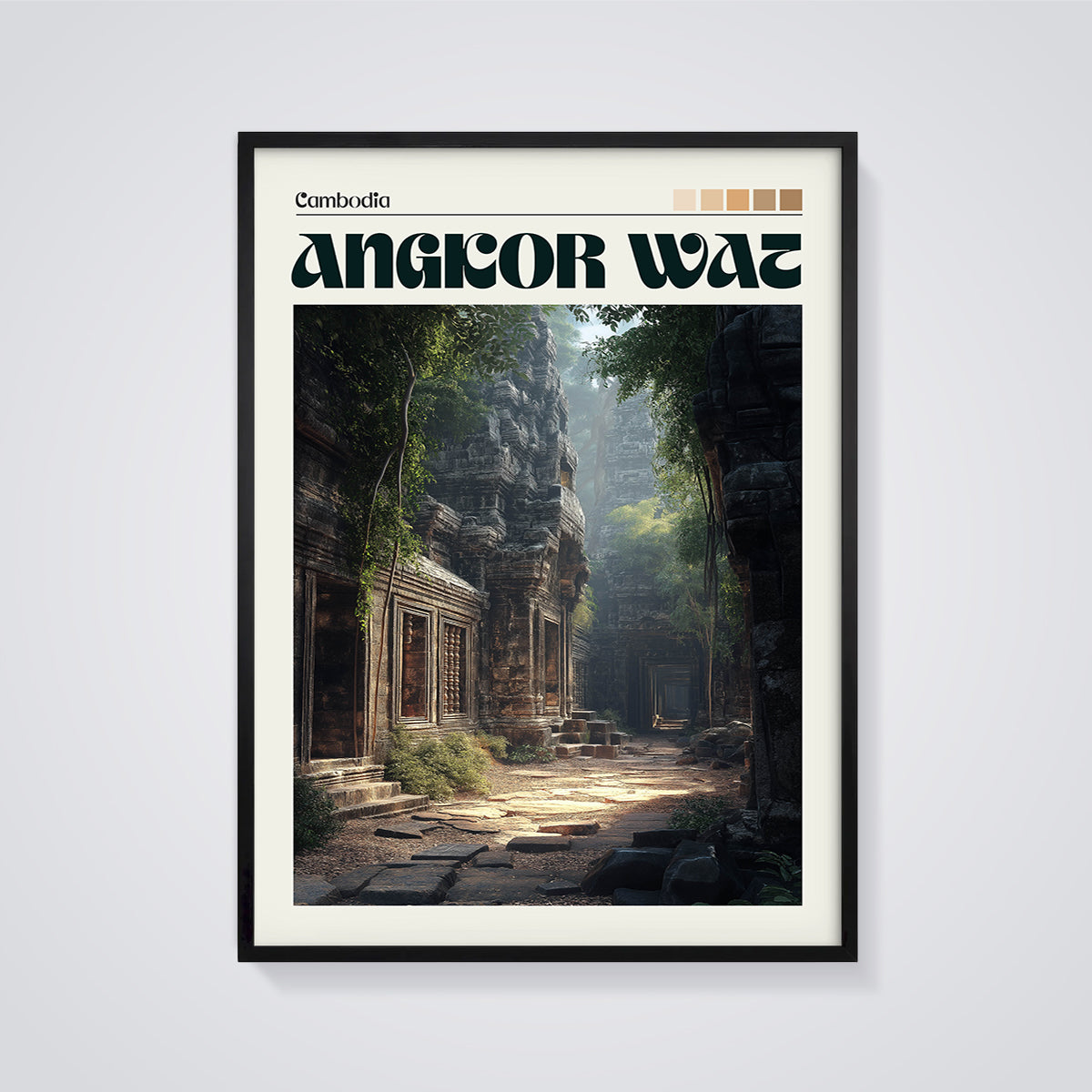 Angkor Wat Temple Print framed in black on a grey background