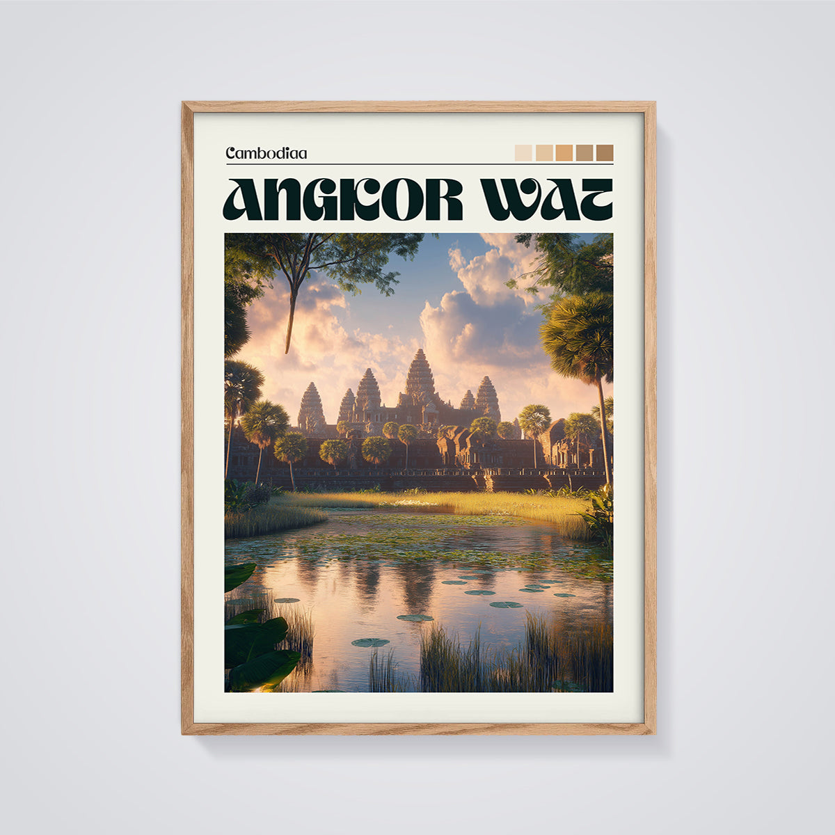 Angkor Wat Temple Reflection Print framed in oak on a grey background