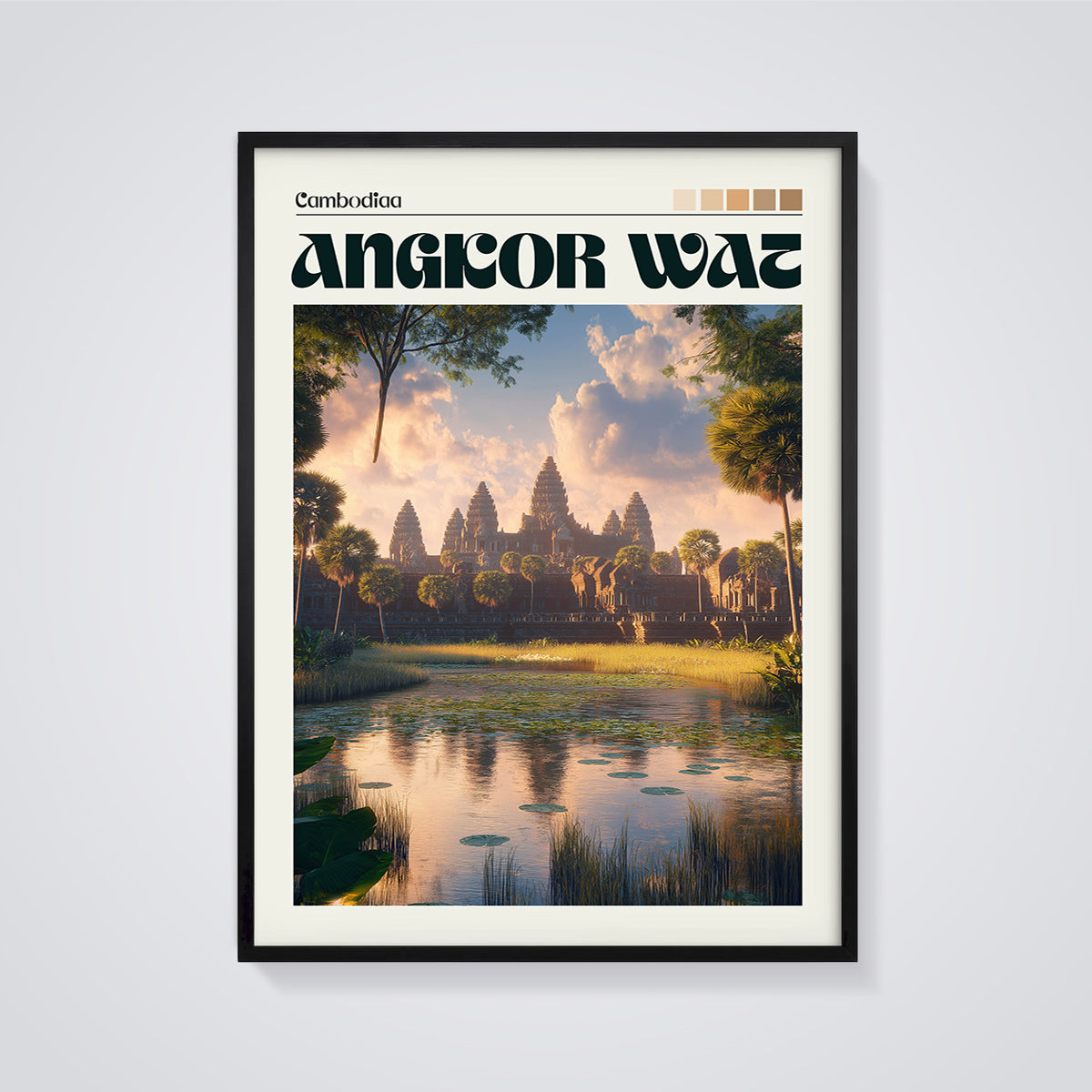 Angkor Wat Temple Reflection Print framed in black on a grey background