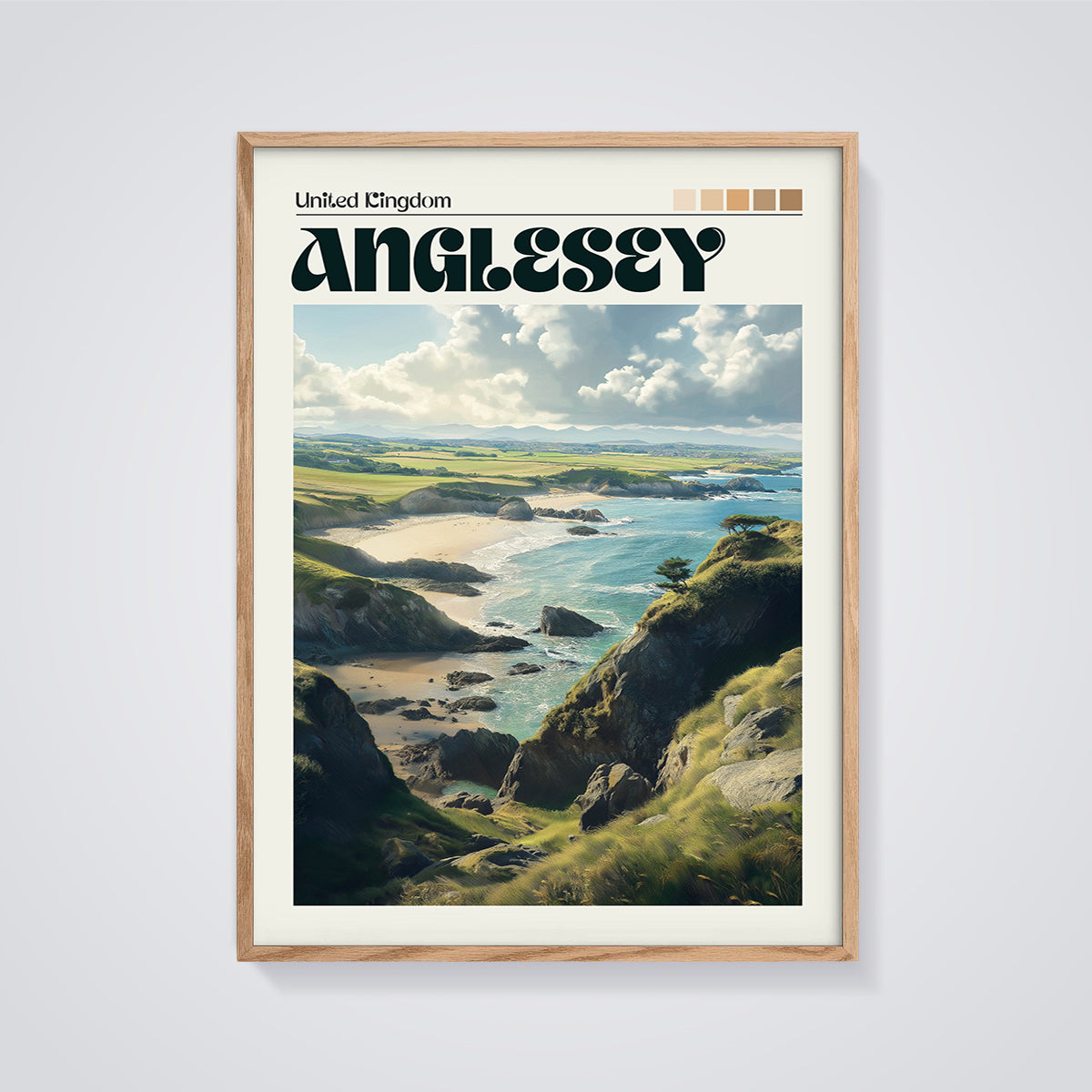 Anglesey Coastal Landscape Print framed in oak on a grey background