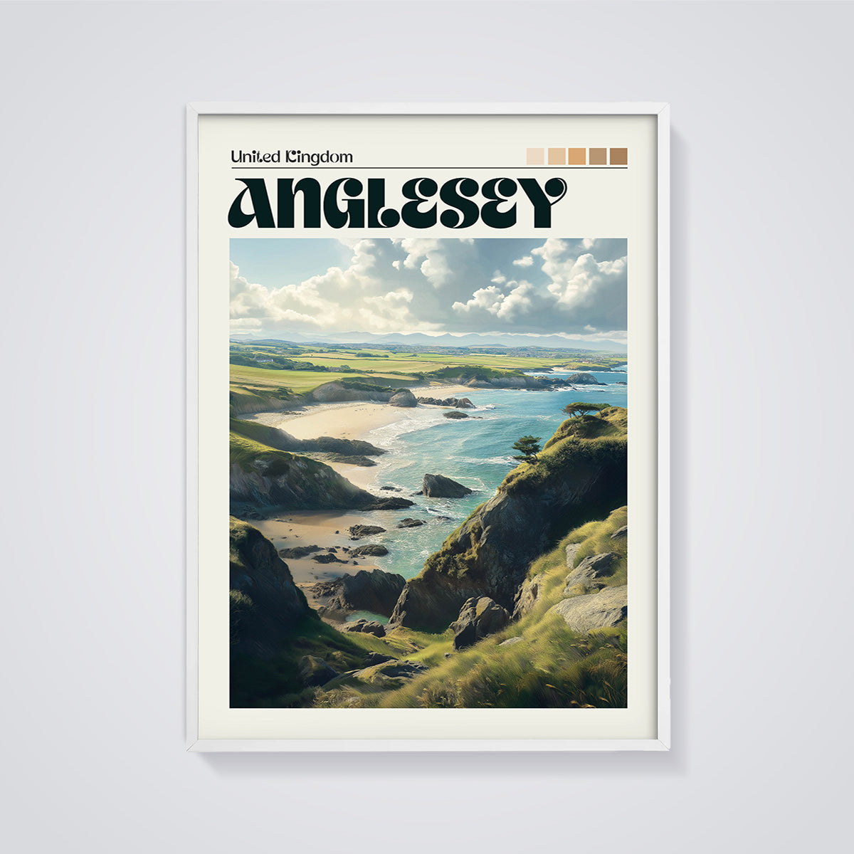 Anglesey Coastal Landscape Print framed in white on a grey background
