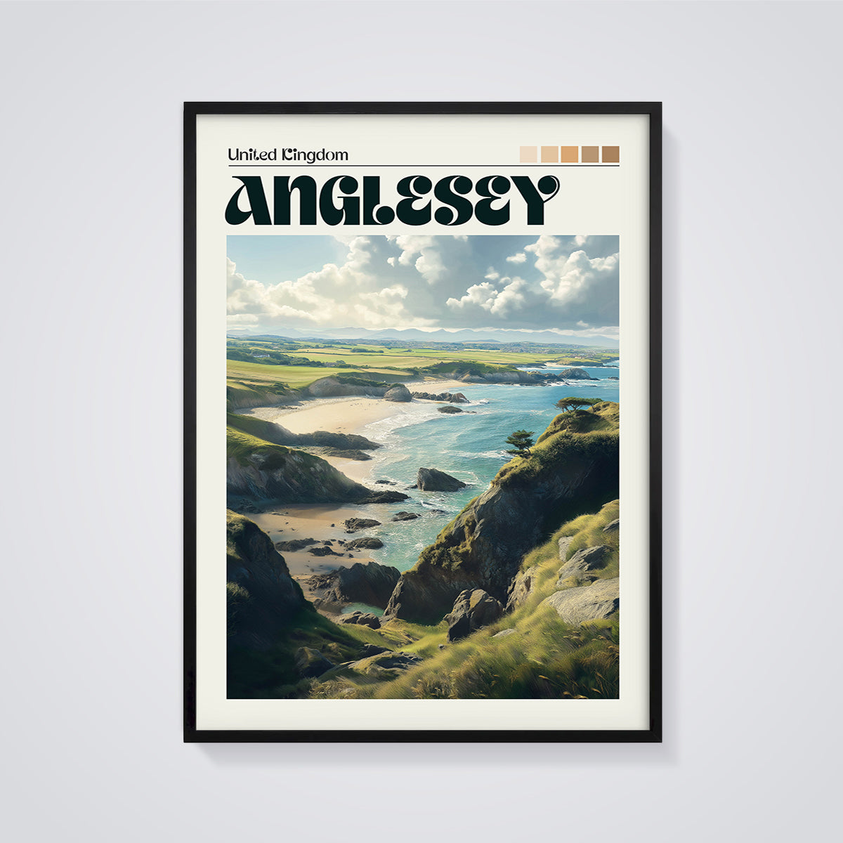 Anglesey Coastal Landscape Print framed in black on a grey background